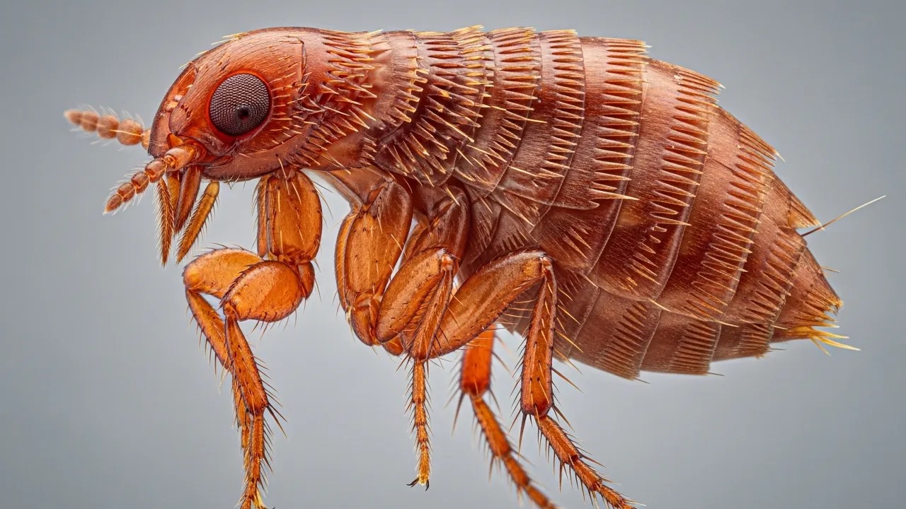 Close-up of a dark, flattened flea with long hind legs