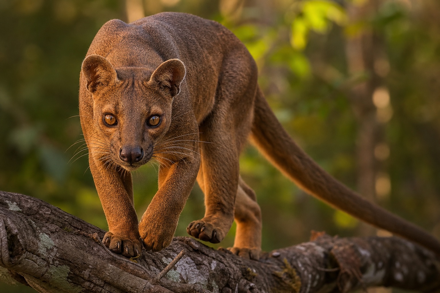 Fossa with reddish-brown coat, long tail and cat-like head on a mossy branch in Madagascar rainforest