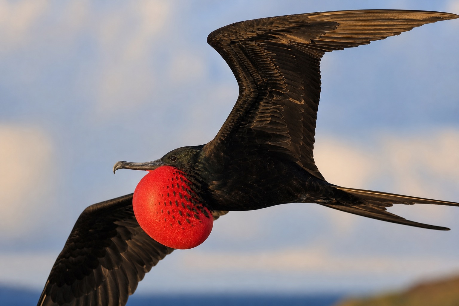 Male magnificent frigatebird in flight with long angled wings and an inflated scarlet throat pouch against a pale tropical sky