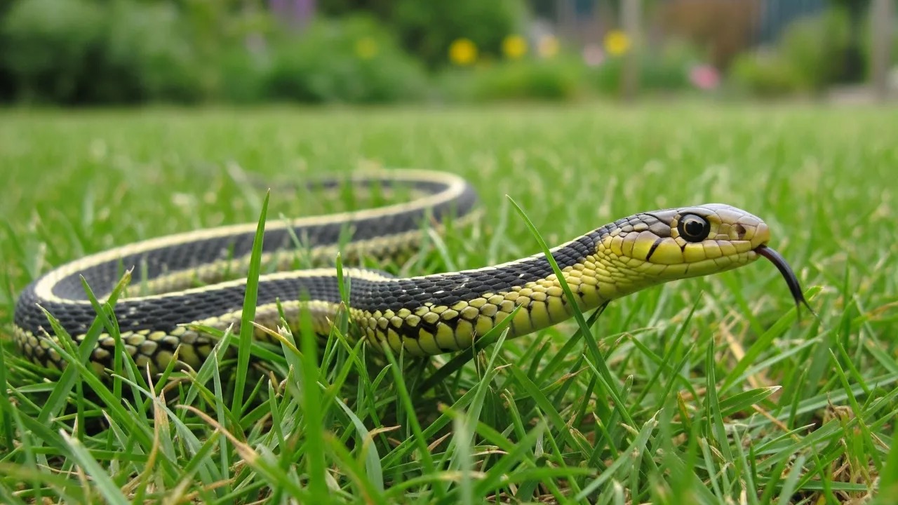 Garter snake with yellow stripes along a dark body resting in green grass