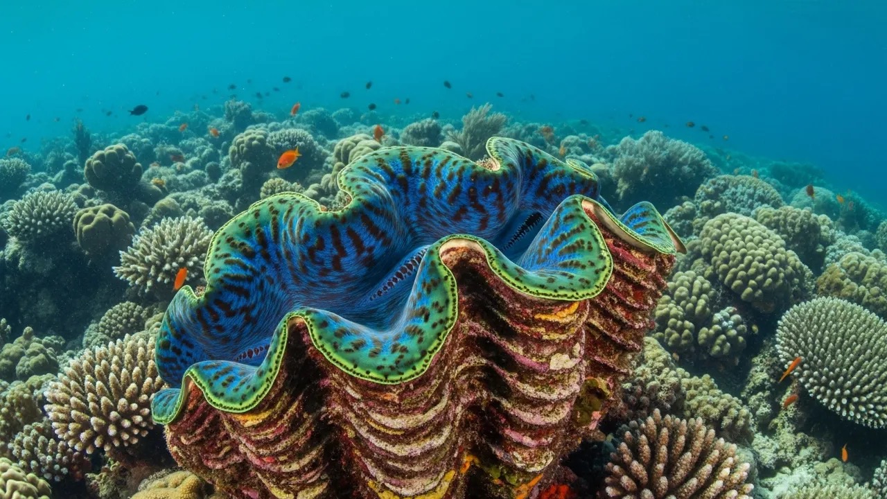 Giant clam on a coral reef with brightly colored, wavy mantle tissue