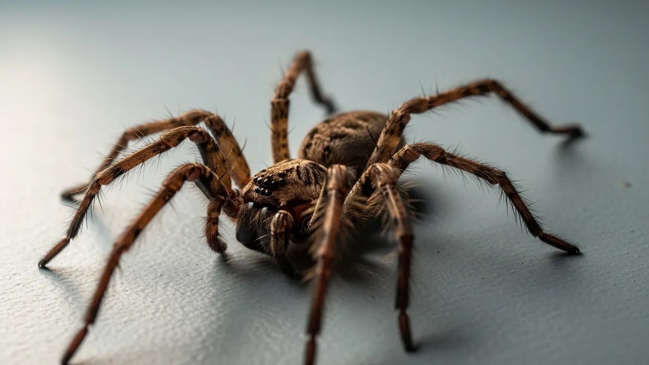 Giant house spider with long brown legs resting on a pale surface showing its large size
