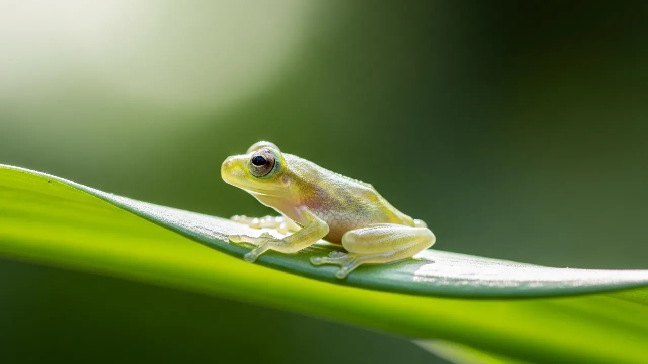 Tiny translucent glass frog on a leaf with internal organs visible through its skin