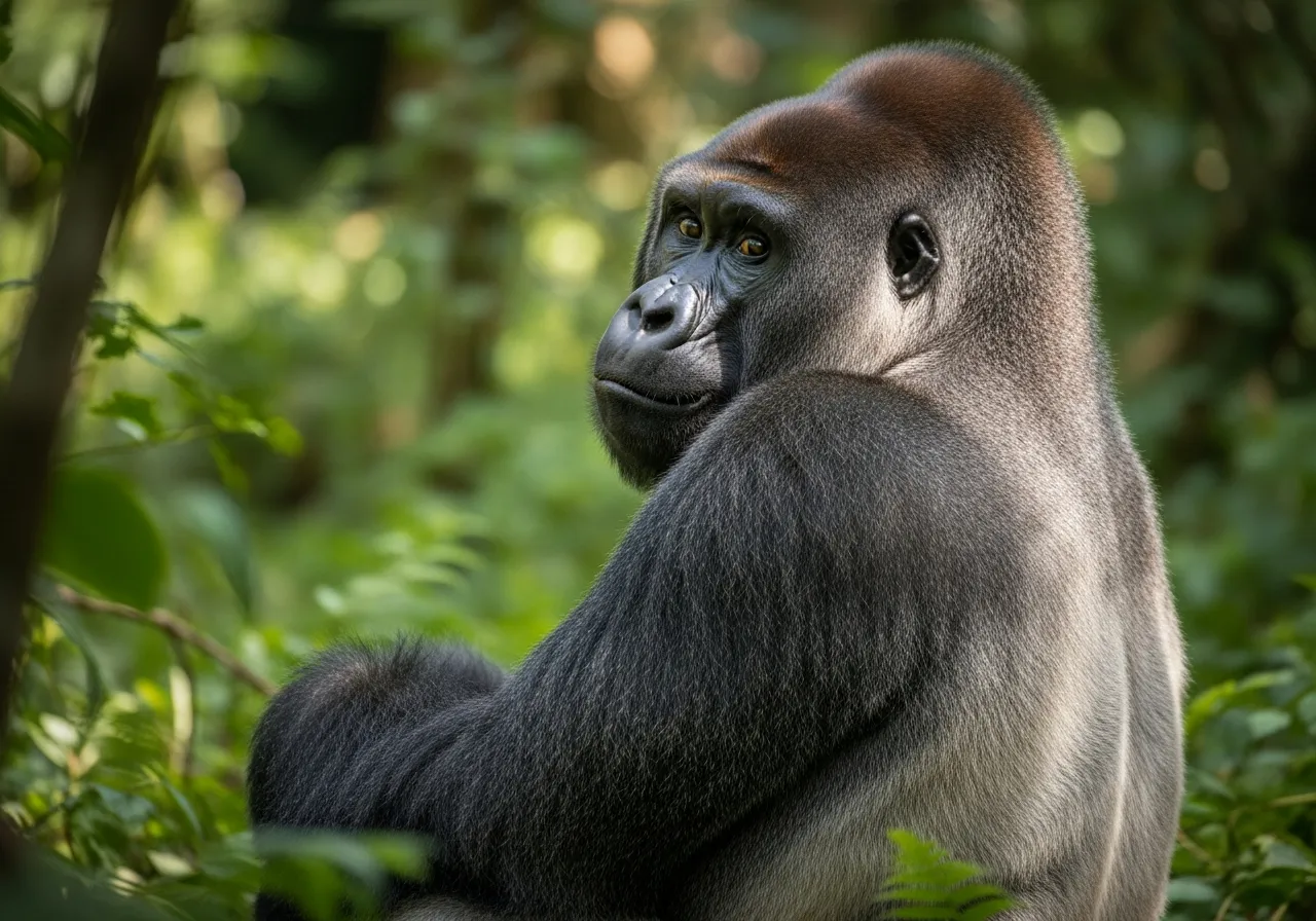 A large silverback gorilla sitting among dense green forest vegetation, resting one hand on its knee and gazing calmly to the side, the silver-grey saddle of fur across its back clearly visible