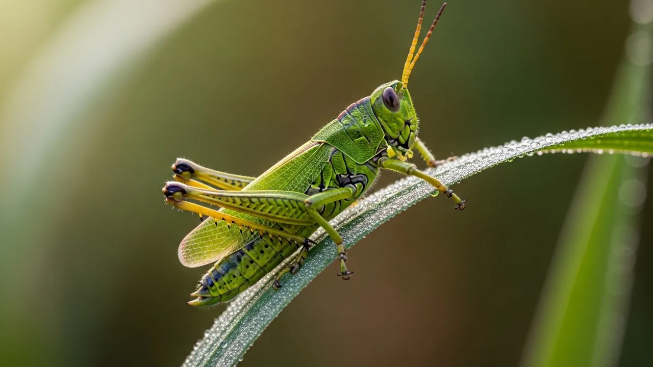 Green grasshopper with long hind legs perched on a blade of grass