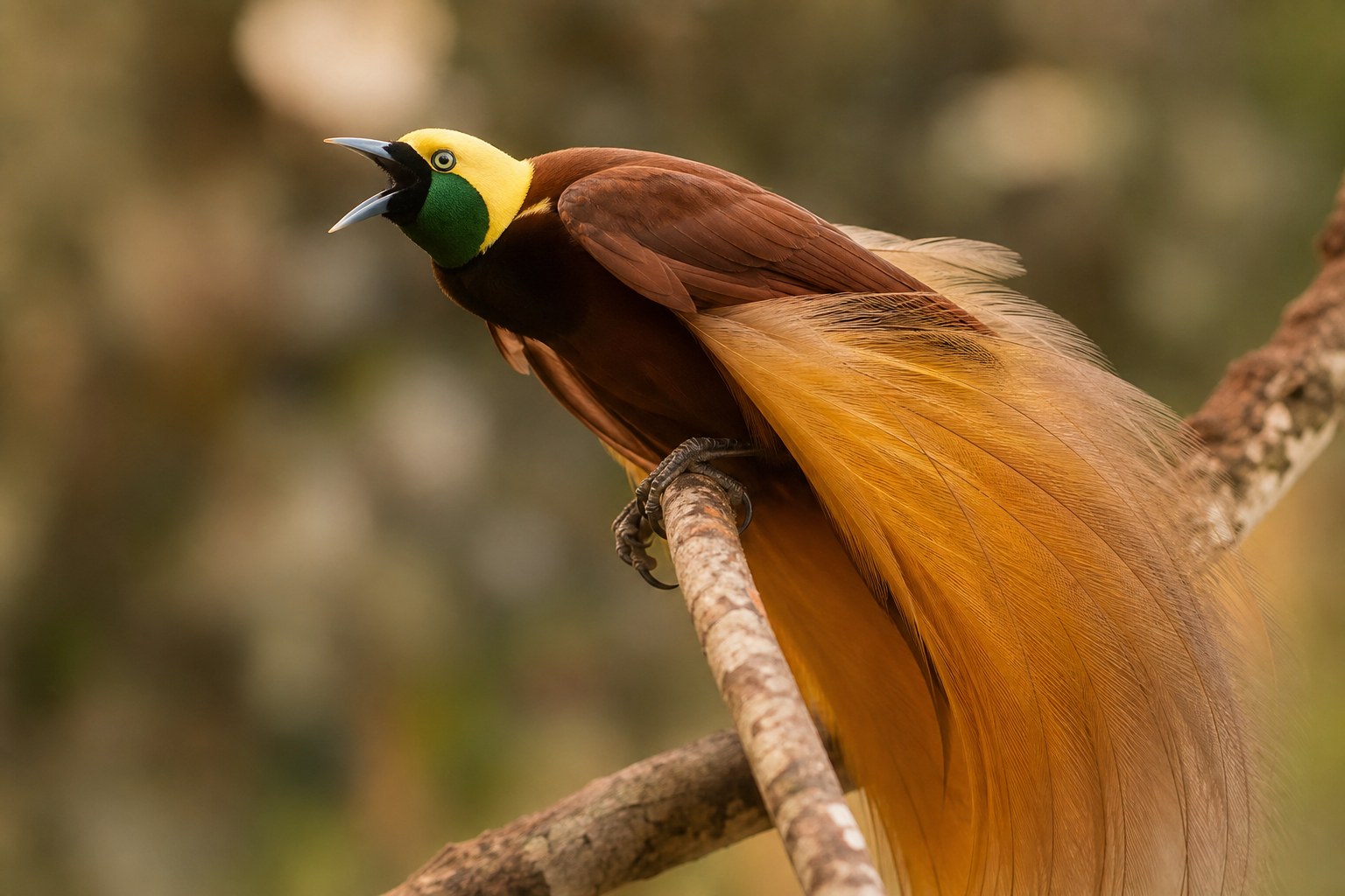 Male greater bird-of-paradise with yellow crown, maroon body and long yellow flank plumes on a display branch