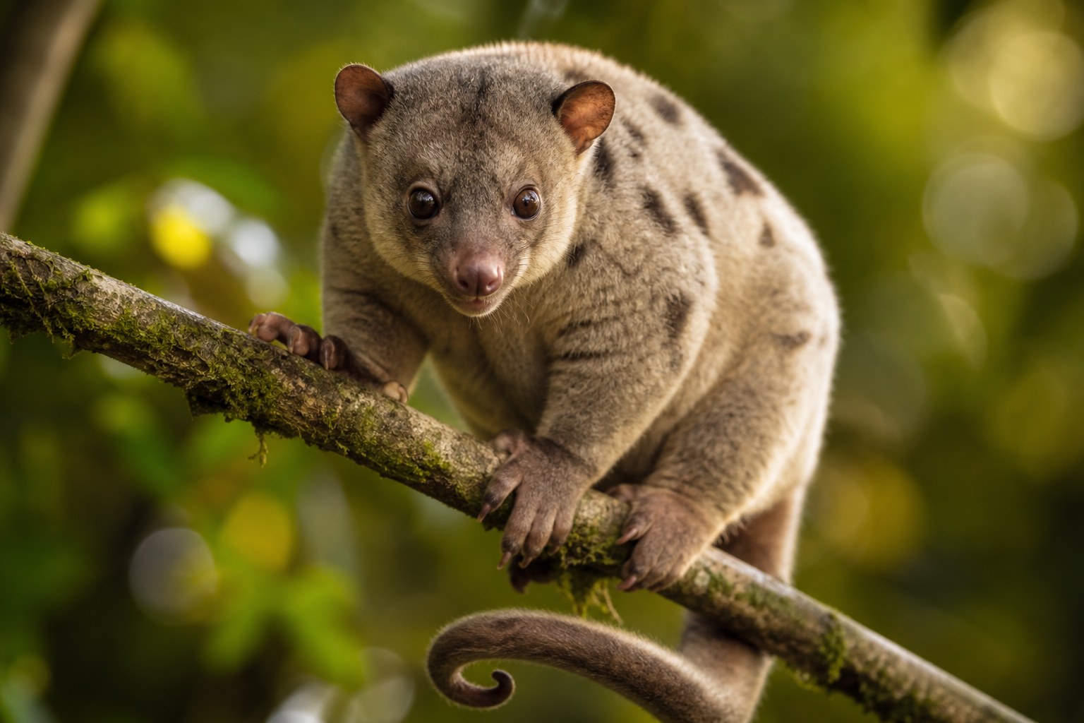 Grey cuscus with dense woolly grey-cream fur and large dark eyes perched on a mossy rainforest branch