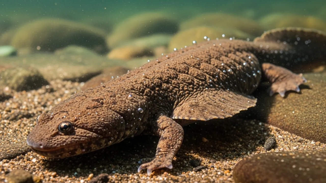 Large flat brown hellbender salamander with wrinkled skin on a streambed rock