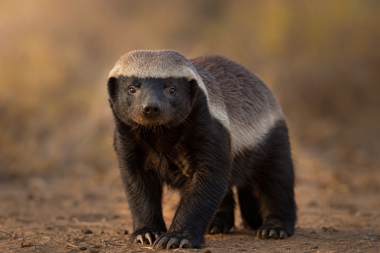 Honey badger with silver dorsal cape standing alert in savanna