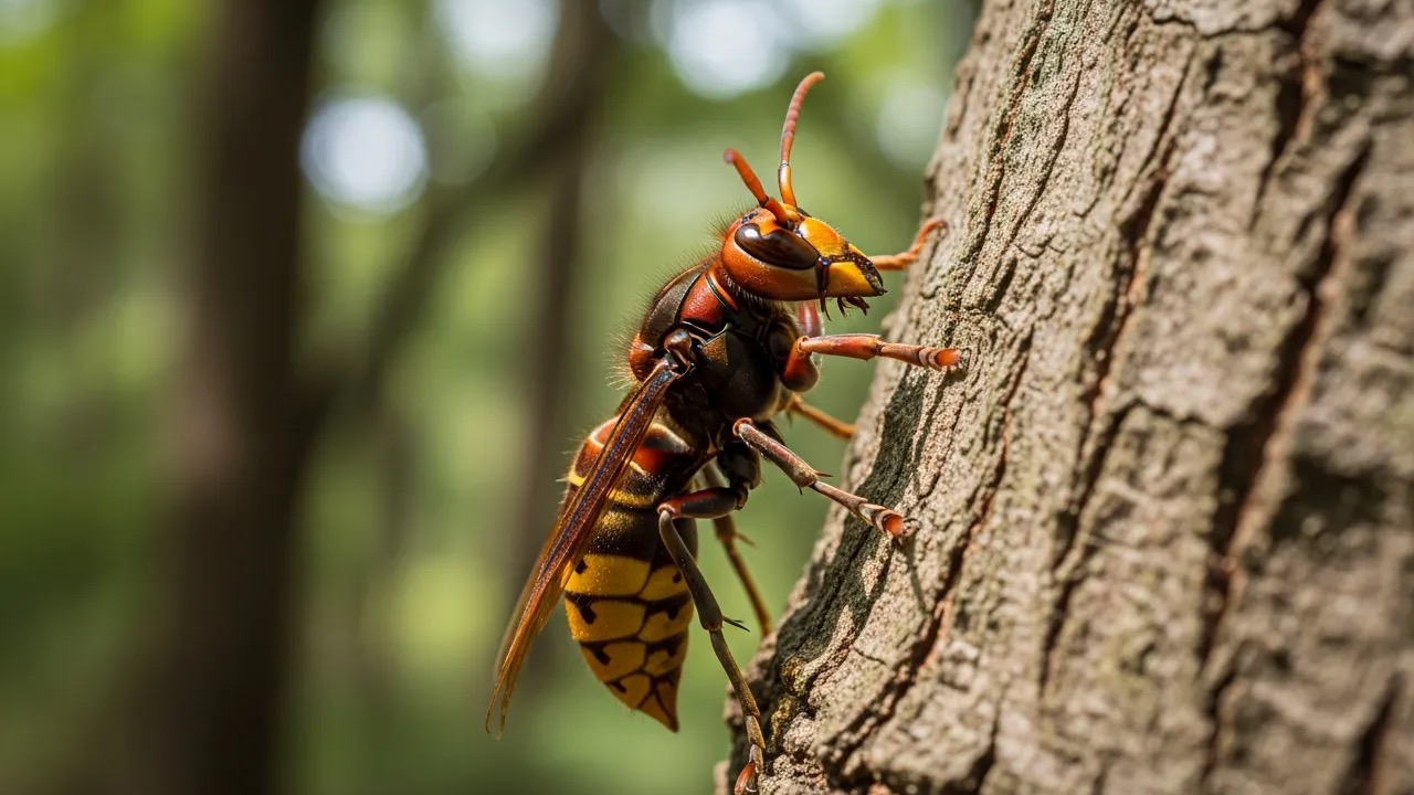 Large Asian giant hornet with orange head and striped body on a wooden surface