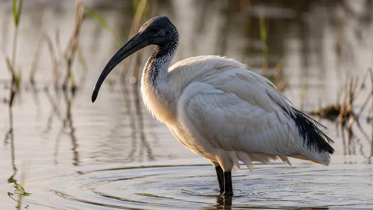 Sacred ibis with white body, black head, and long curved bill wading in shallow water