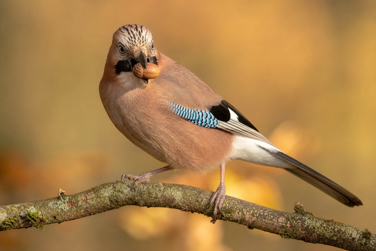 Eurasian jay with pink-brown body, black-and-white wing patch and blue feather bar perched on an oak branch beside autumn acorns