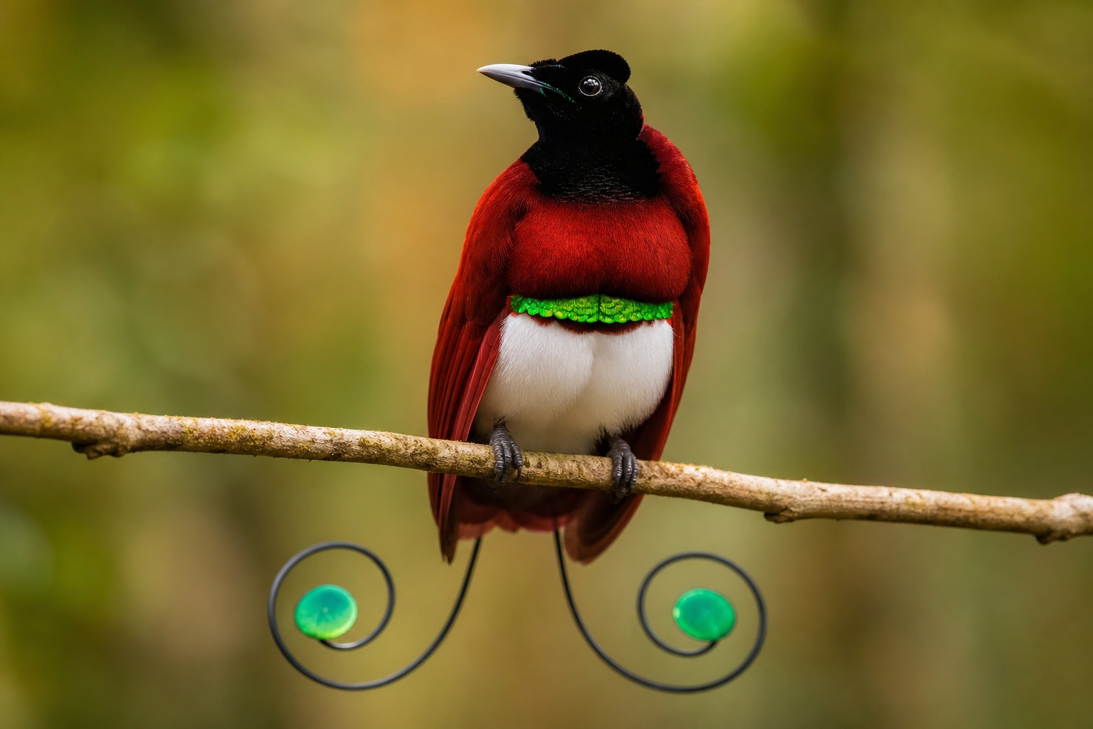 Male king bird-of-paradise with crimson plumage, green breast band and coiled ornamental tail wires on a branch