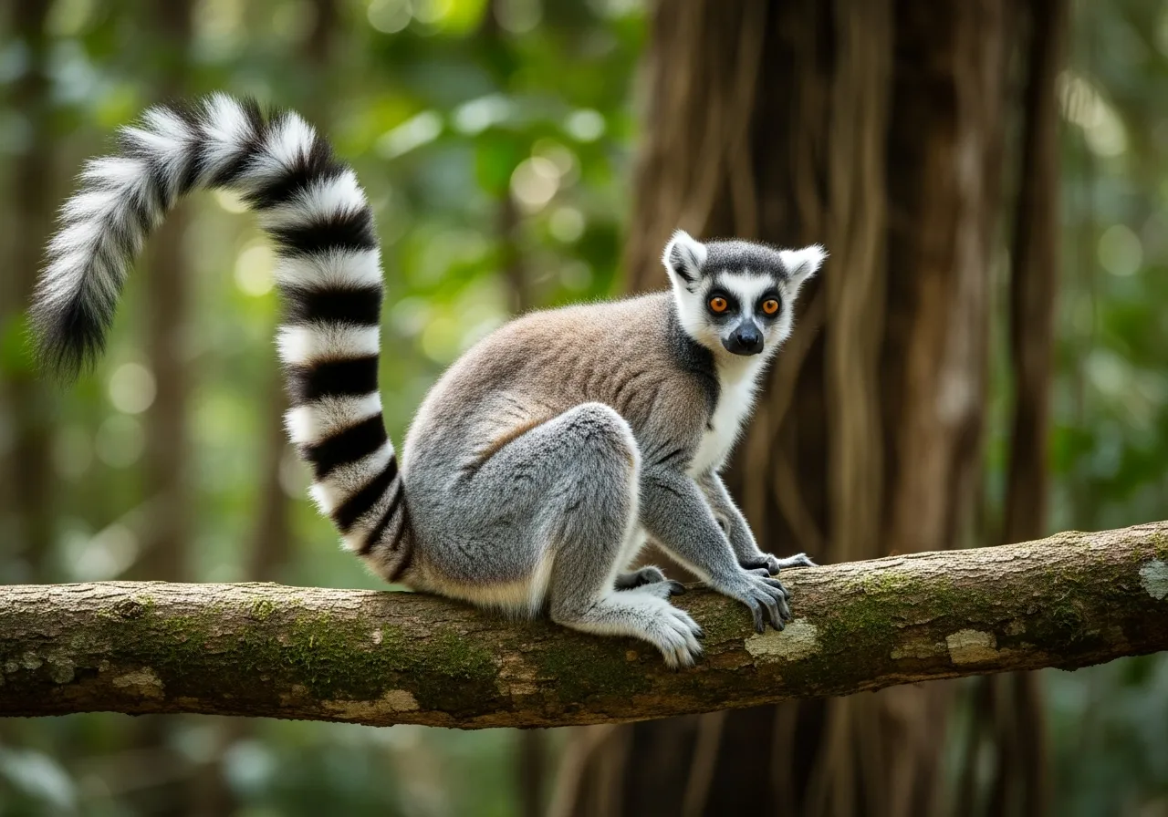 A ring-tailed lemur sitting upright on a branch in a Madagascan forest, its distinctive black-and-white banded tail curled beside it and amber eyes facing the camera.