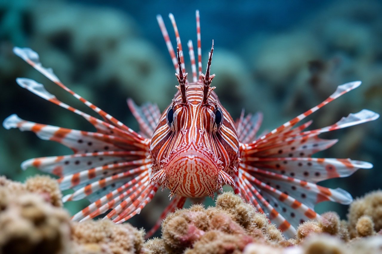 Red lionfish with bold reddish-brown stripes and fanlike venomous spines hovering over Atlantic reef rubble where it is an invasive species