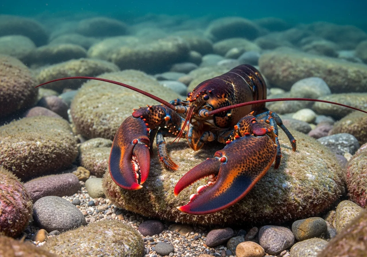 A clawed lobster (family Nephropidae) on the rocky sea floor, showing its two large front claws, long antennae and segmented exoskeleton.