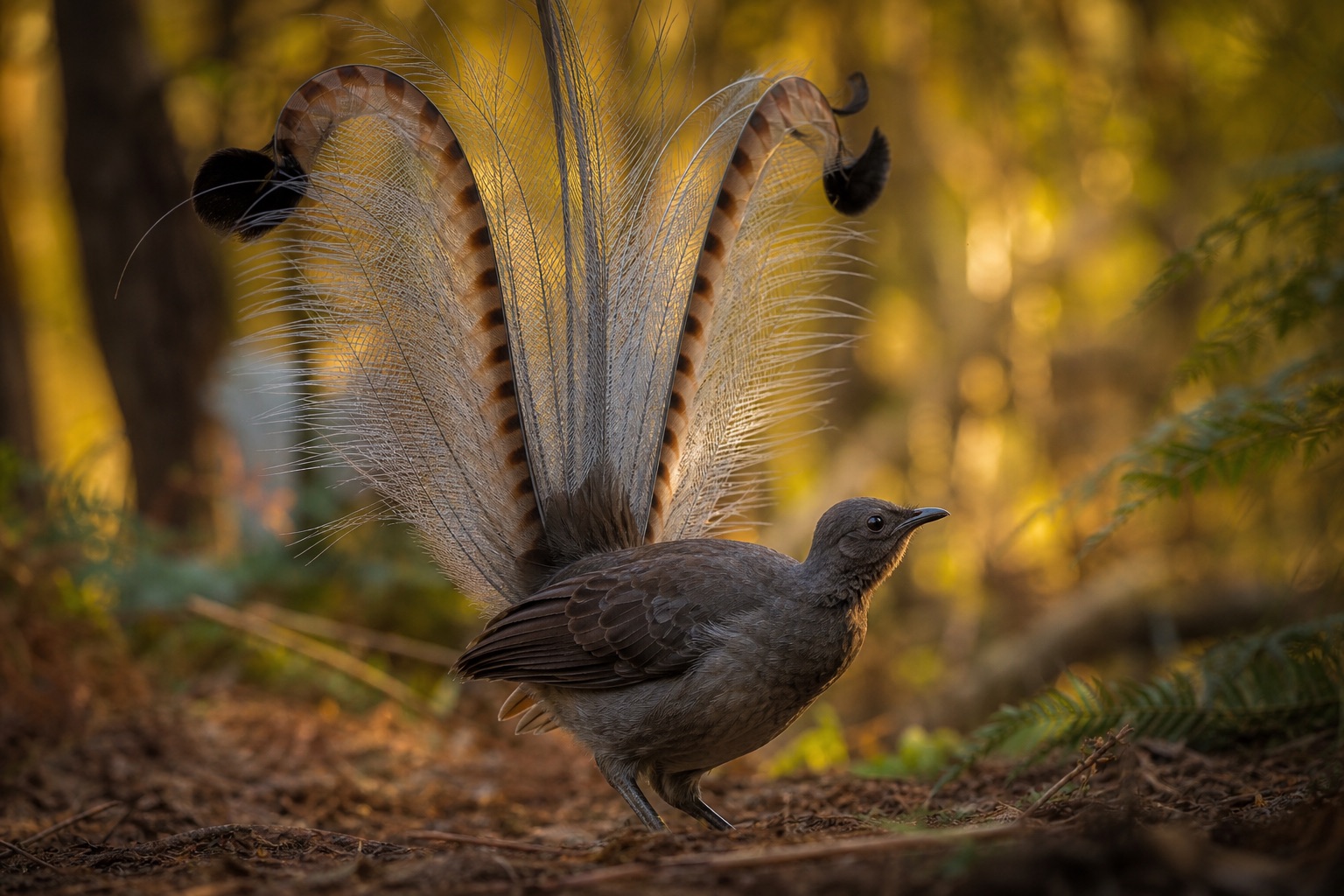 Male superb lyrebird with long lyre-shaped tail feathers raised on a cleared mound display platform in wet eucalyptus forest