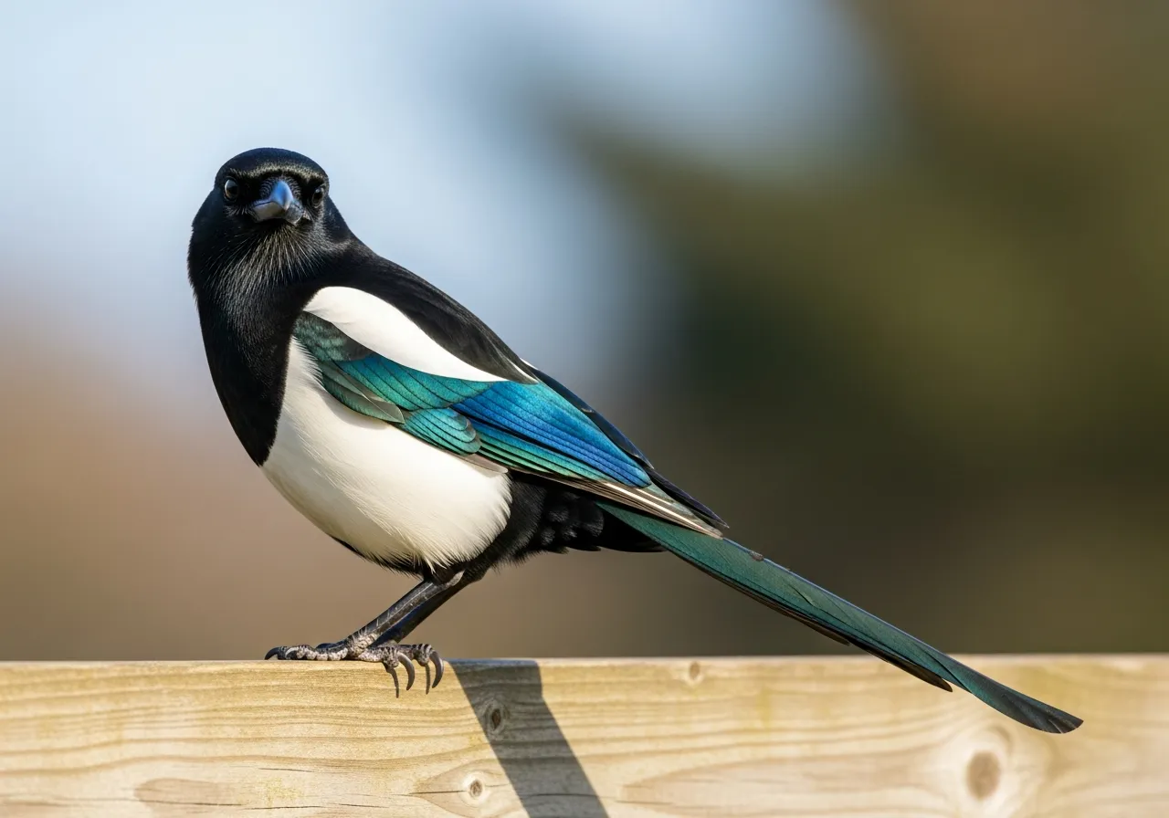 A Eurasian magpie perched on a branch, showing its bold black-and-white plumage and long iridescent blue-green tail.