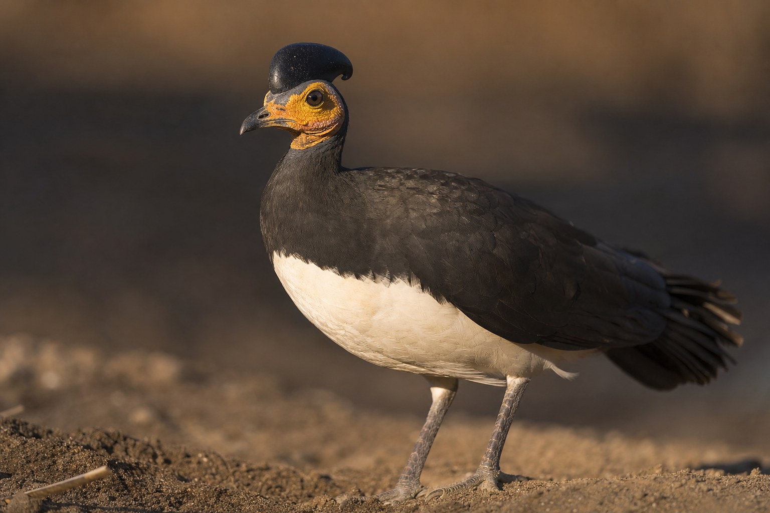 Maleo with black upperparts, rosy-pink belly and prominent casque on the head standing on volcanic sand