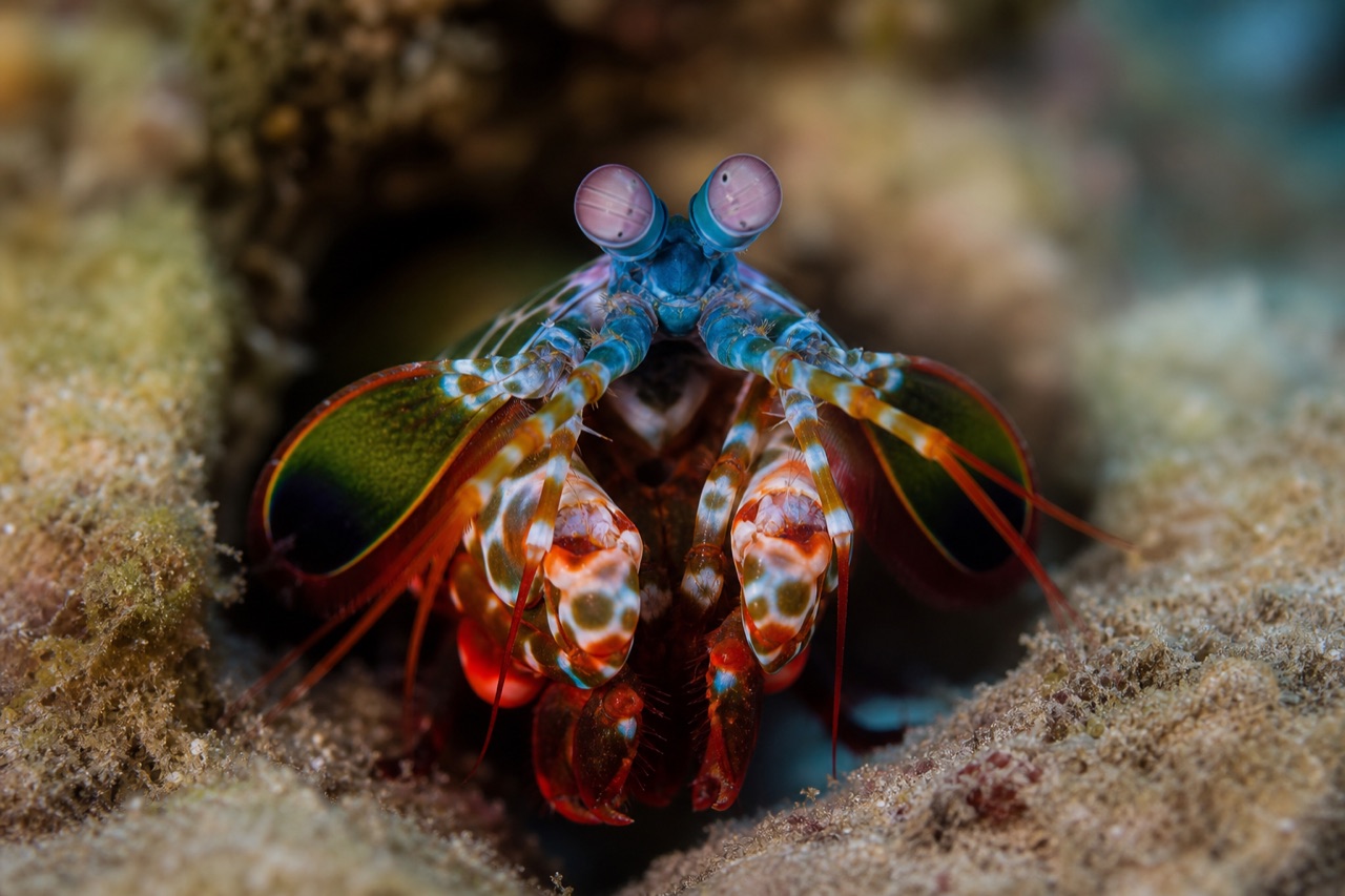 Peacock mantis shrimp with iridescent carapace at a reef burrow