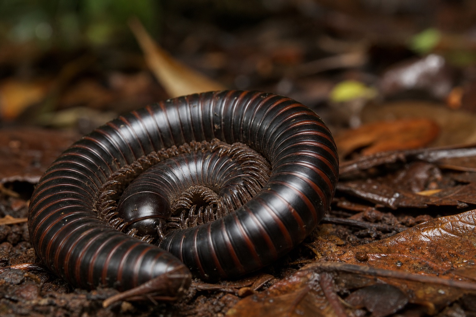 Dark cylindrical millipede with two pairs of legs visible on each body segment curled on damp forest leaf litter