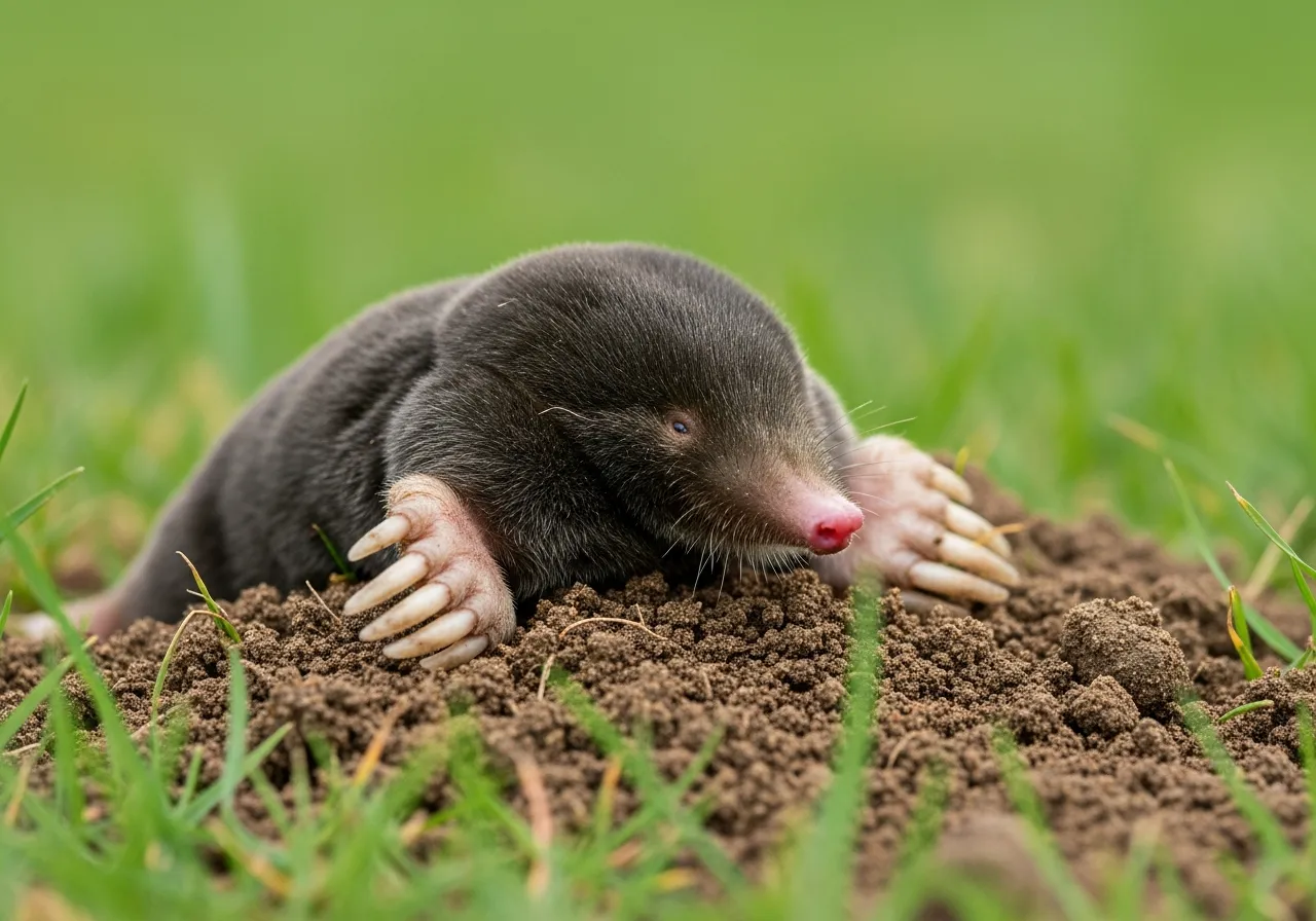 A European mole with cylindrical body, velvety dark-grey fur, tiny eyes and large pink spade-like front paws, emerging from dark soil beside a freshly pushed-up molehill.