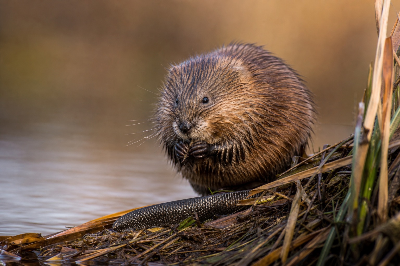 Muskrat with dense brown fur and scaly tail swimming through reeds in a freshwater marsh