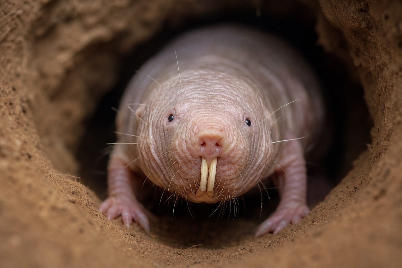 Naked mole-rat with pink wrinkled skin and large incisors emerging from tunnel in East African savanna soil