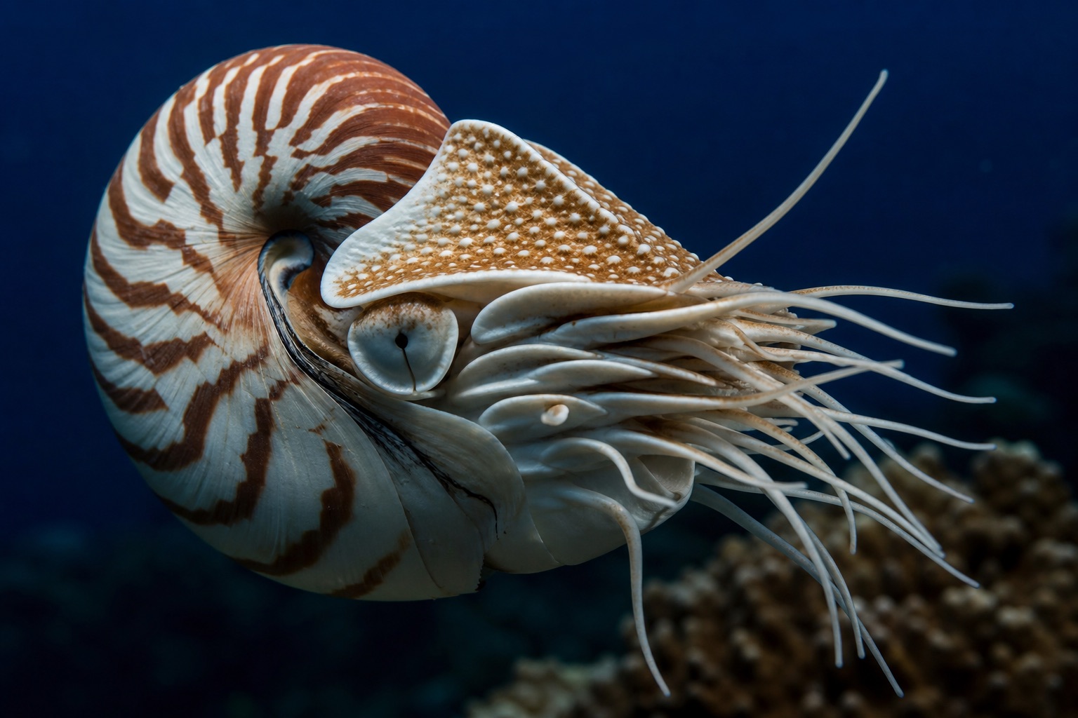 Chambered nautilus with coiled striped shell and tentacles extended above a deep reef slope