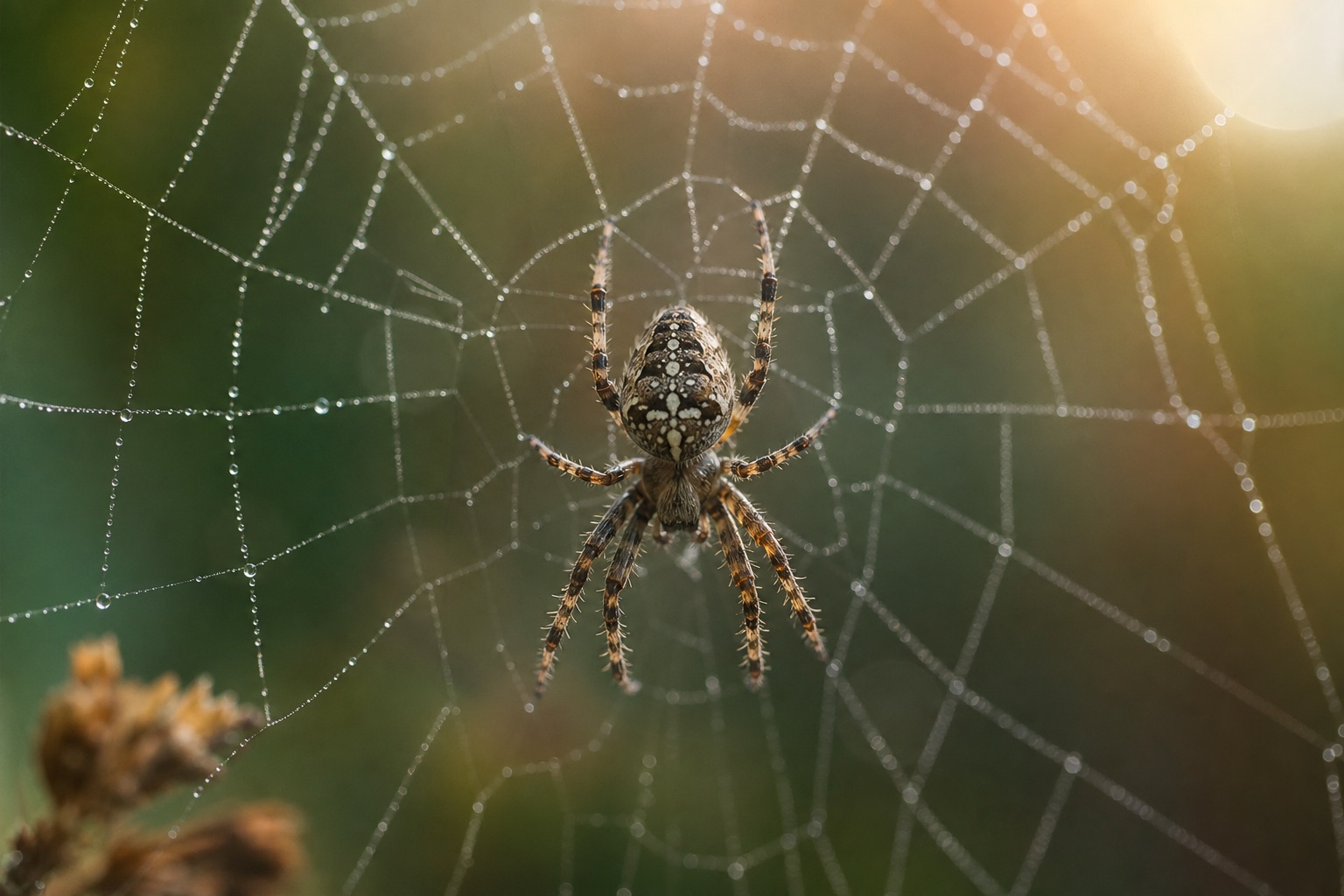 European garden spider in the centre of a dew-spangled circular orb web between hedgerow branches