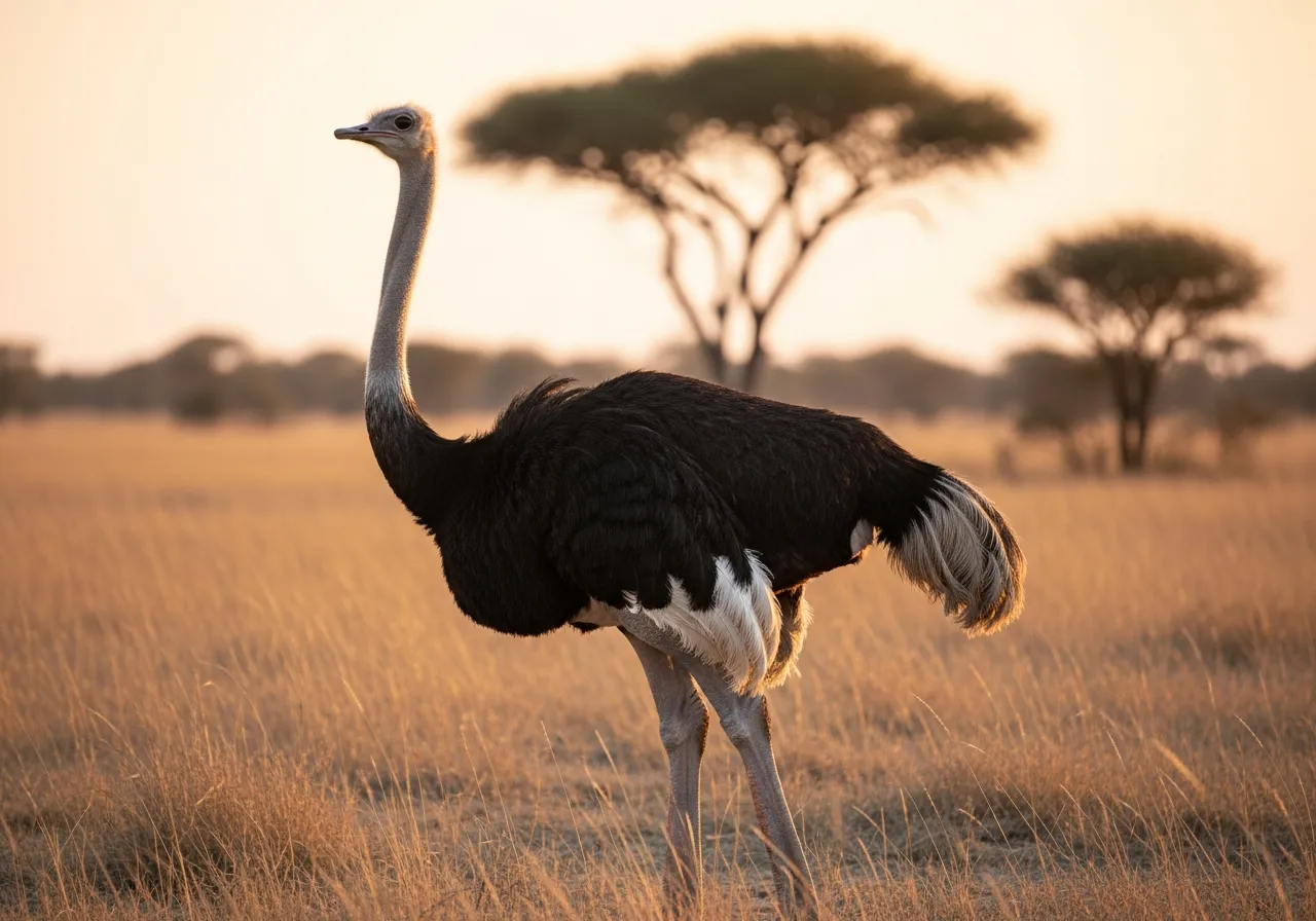 A large male common ostrich standing on African savanna grassland, with black-and-white plumage, a long bare pinkish neck, small head, and powerful two-toed legs.