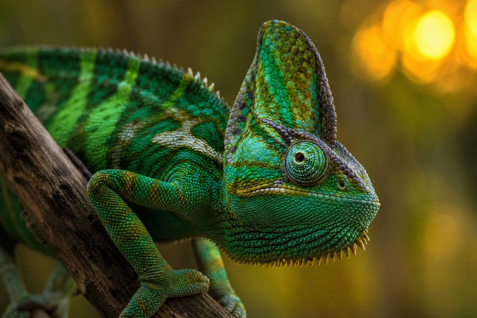 Male panther chameleon with vivid blue and green bands on a branch in Madagascar northern rainforest