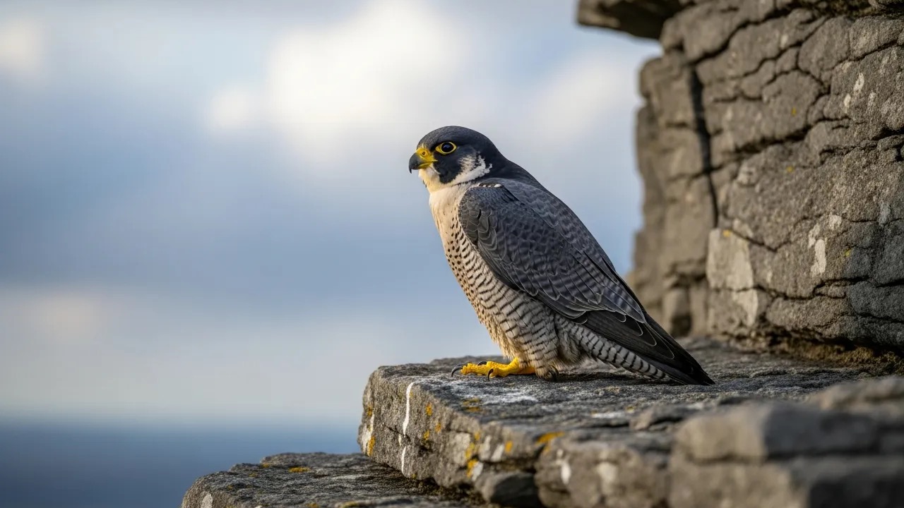 Peregrine falcon perched on a cliff ledge with slate-grey back and barred chest