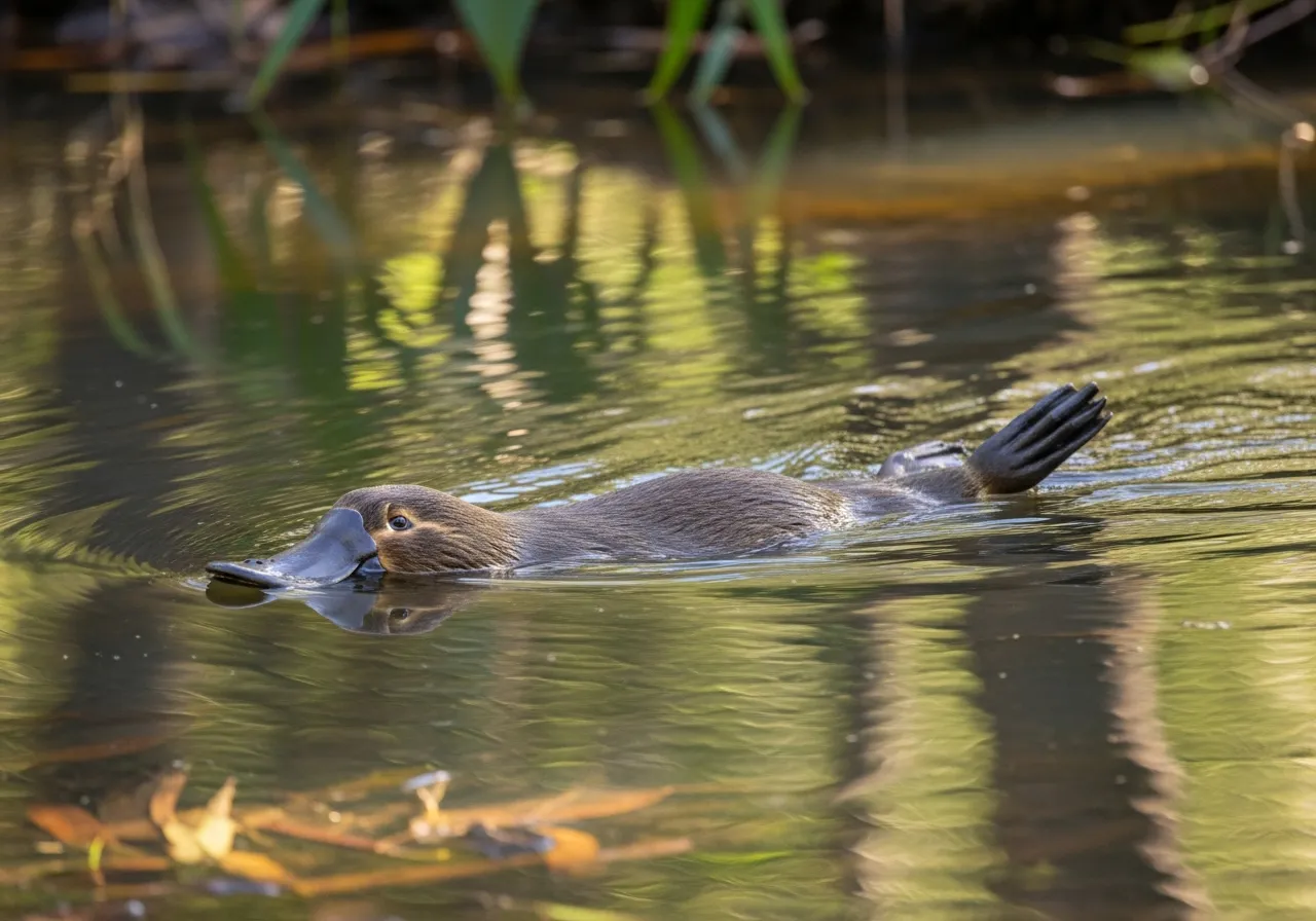 A platypus swimming at the surface of a freshwater stream, showing its flat duck-like bill, dense brown fur, webbed front feet and broad beaver-like tail.