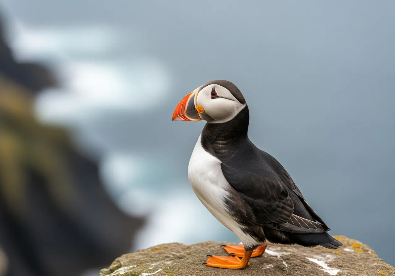 An Atlantic puffin standing on a grassy clifftop, showing its black-and-white plumage, orange legs and large triangular bill striped in red, orange-yellow and slate grey, with several silver sand eels held crosswise in its beak.