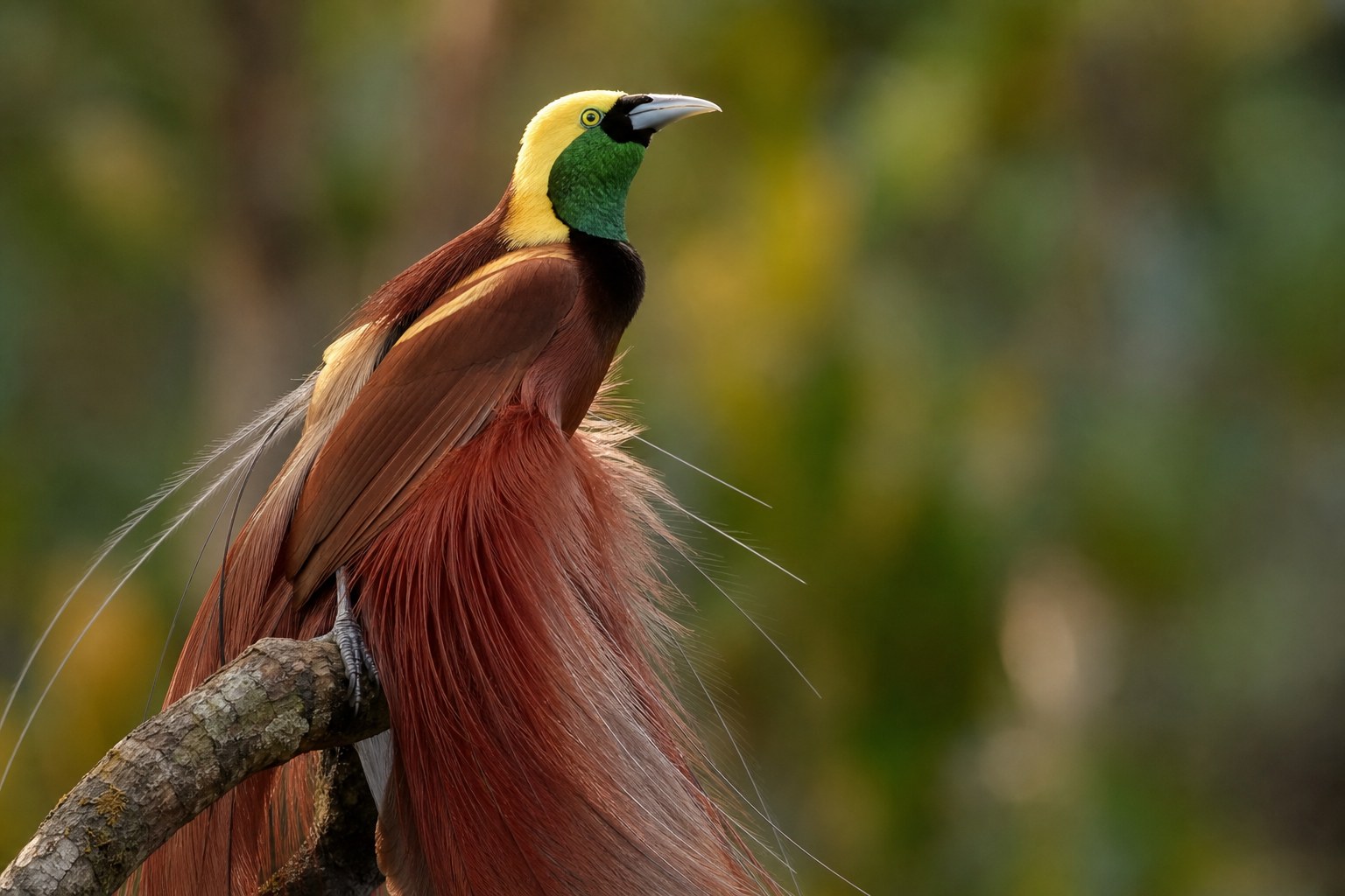 Male Raggiana bird-of-paradise with cascading crimson flank plumes and yellow crown on a display branch