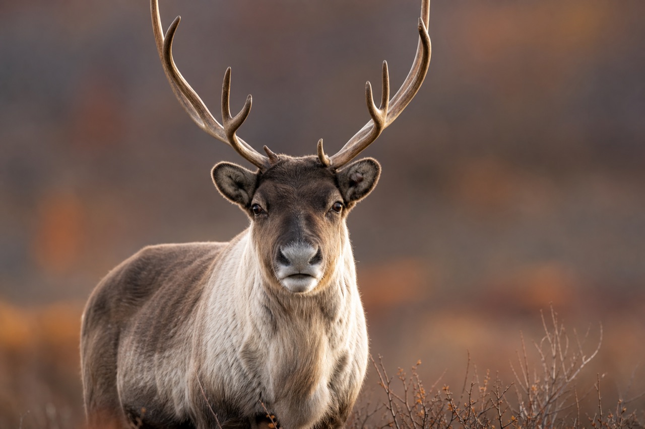 Reindeer bull with branching antlers standing on Arctic tundra with lichen underfoot and low cloud on the horizon