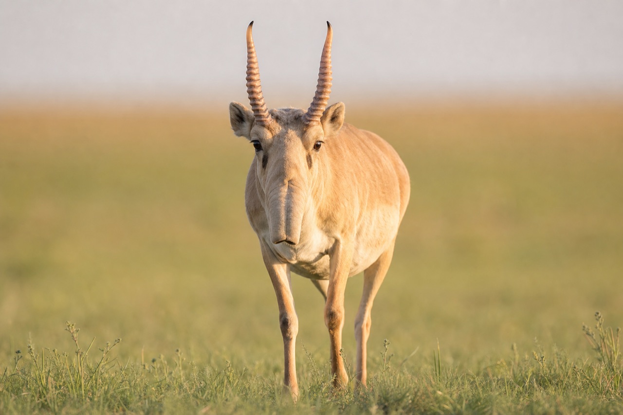 Saiga antelope bull with distinctive swollen trunk-like nose standing in Central Asian steppe grassland among wildflowers