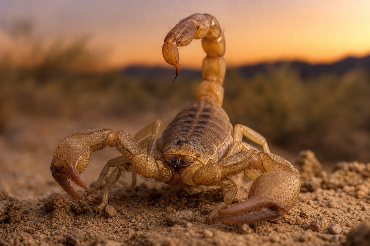 Desert scorpion with arched tail on warm sand
