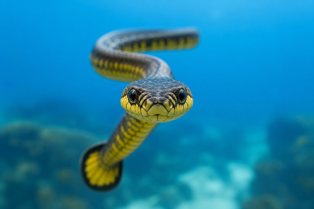 Banded sea snake swimming near a coral reef wall with paddle-shaped tail propelling through clear tropical water
