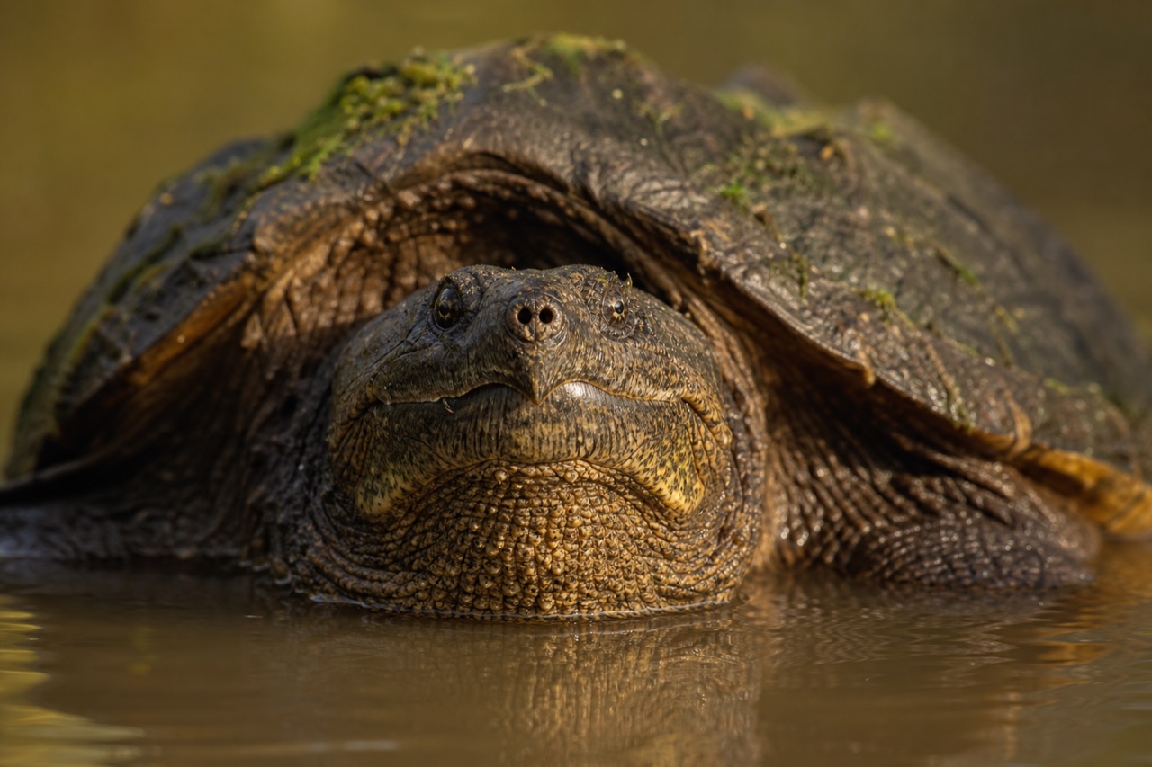 Common snapping turtle partially submerged in a murky pond