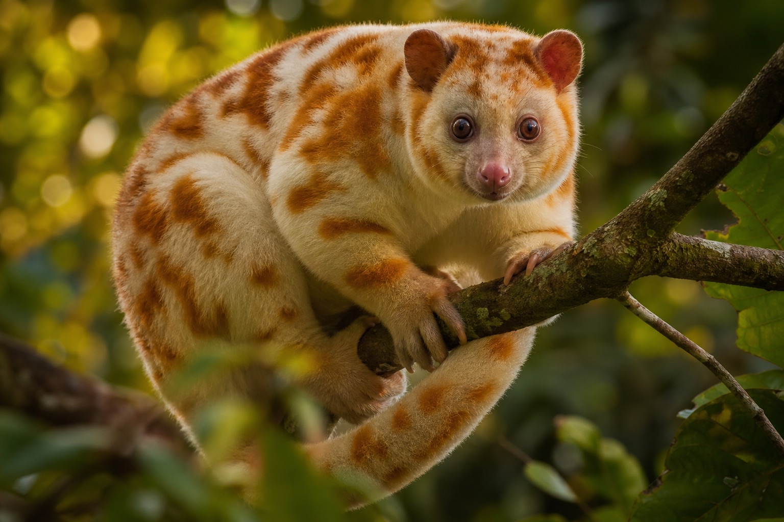 Male spotted cuscus with white fur patterned in dark spots, large dark eyes and prehensile tail on a rainforest branch