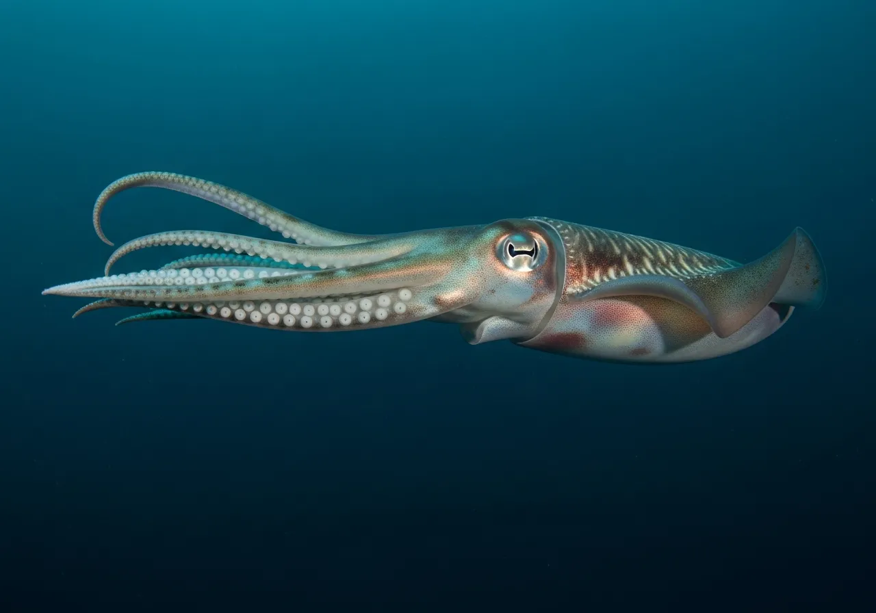 A squid swimming in open water, showing its streamlined mantle, paired fins, large eye, eight arms and two longer feeding tentacles