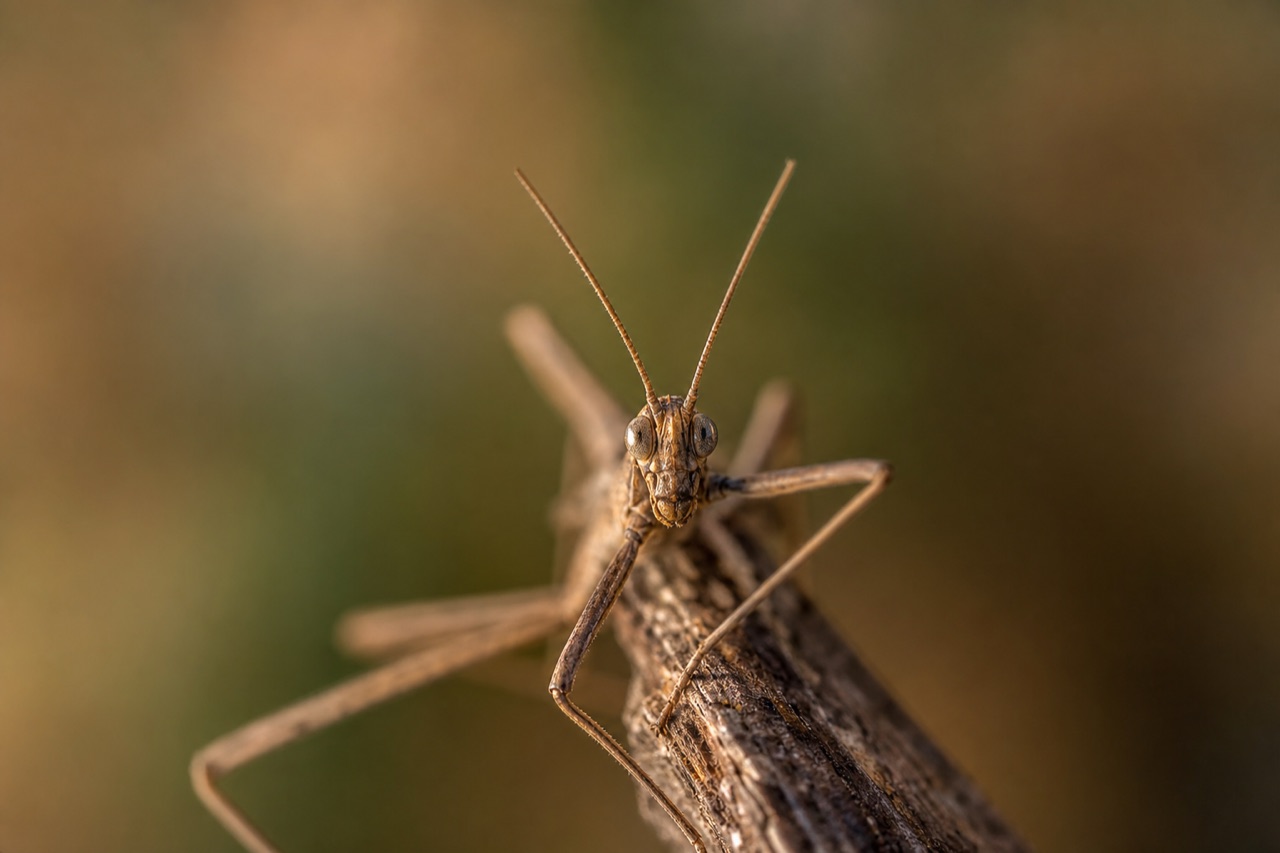 Giant stick insect with elongated brown body and legs aligned along a eucalyptus branch, nearly invisible against the bark