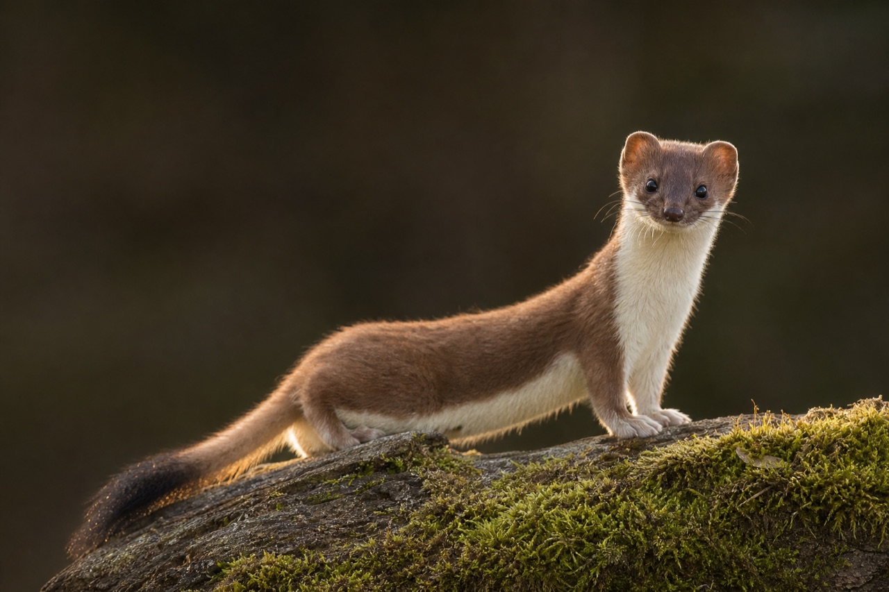 Stoat in brown summer coat with black-tipped tail standing upright on a stone wall in moorland habitat