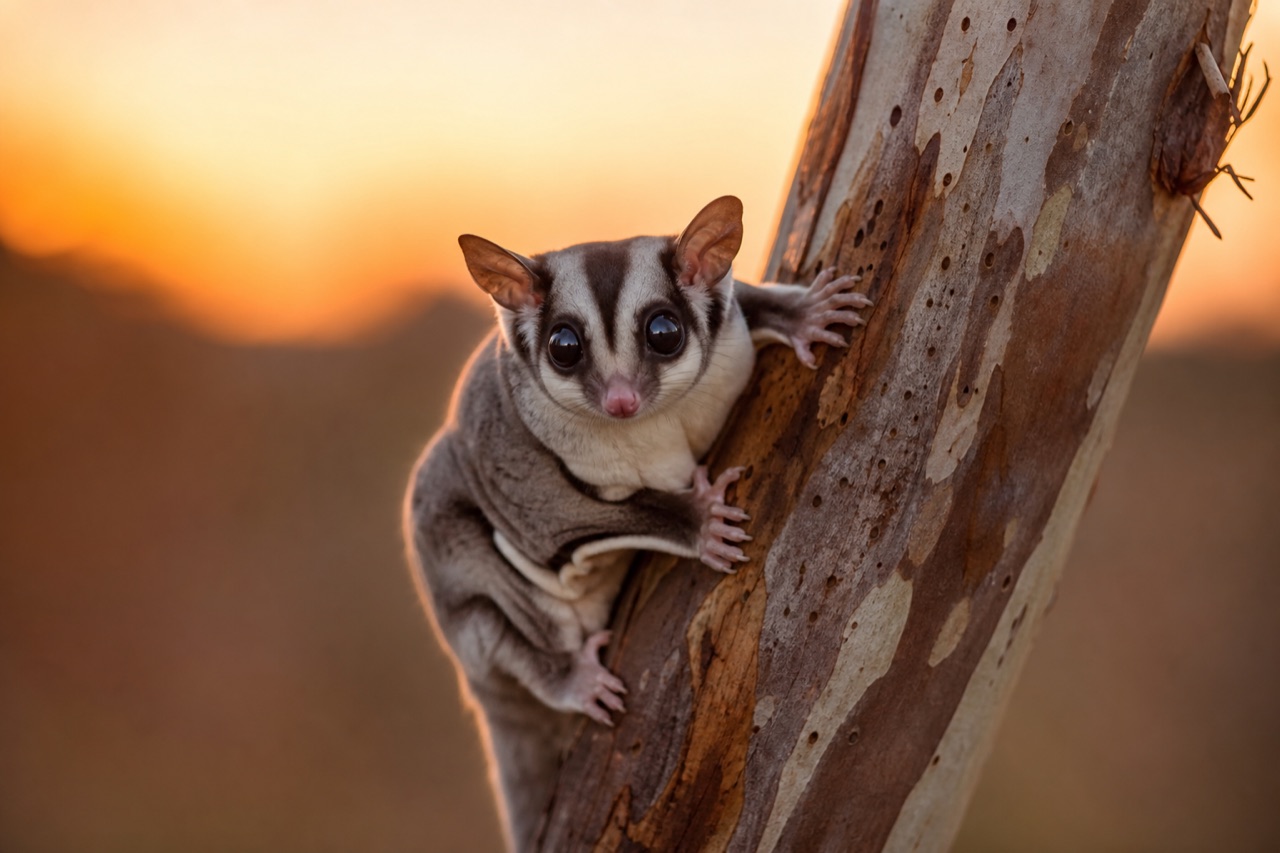 Sugar glider with grey fur and dark eye stripe gliding between eucalyptus branches, patagium stretched wide