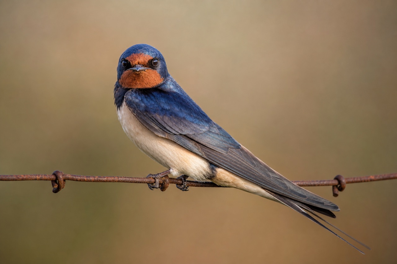 Barn swallow with glossy blue back, red throat and long forked tail perched on a wooden fence beside an open barn doorway