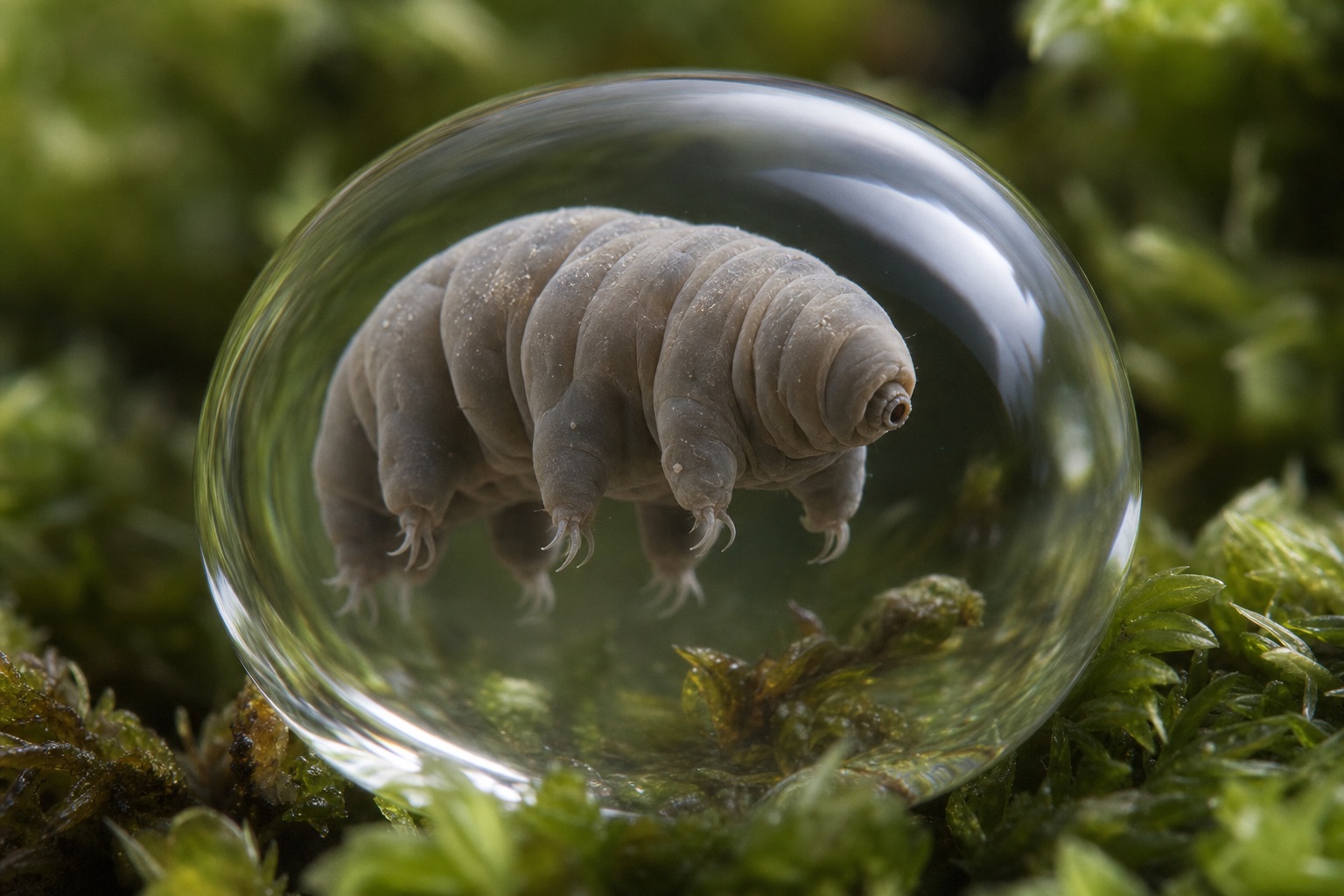 Microscopic tardigrade with plump segmented body, four pairs of stubby legs and curved claws on a moss fragment