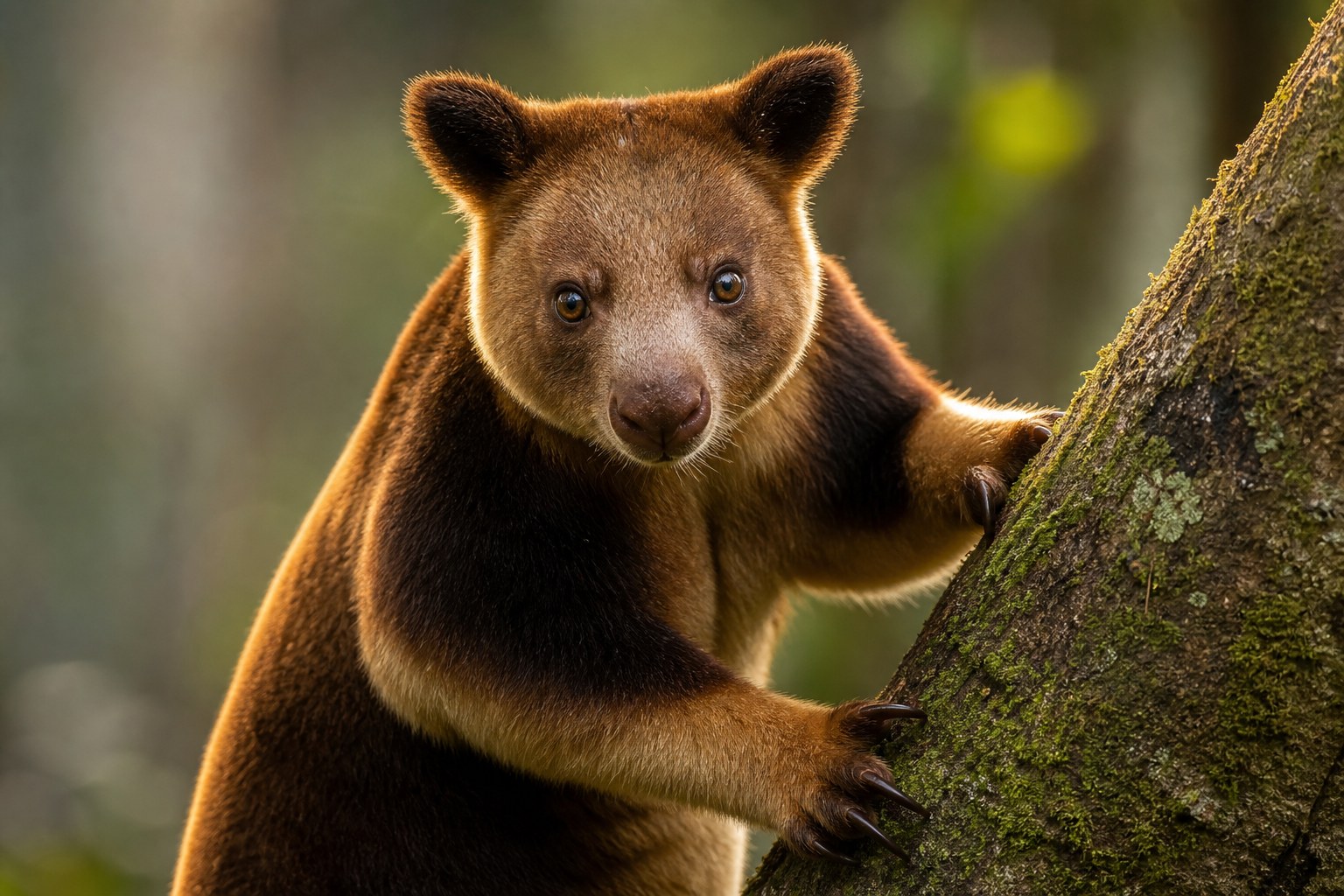 Tree kangaroo with thick fur and long balancing tail climbing a mossy New Guinea rainforest trunk