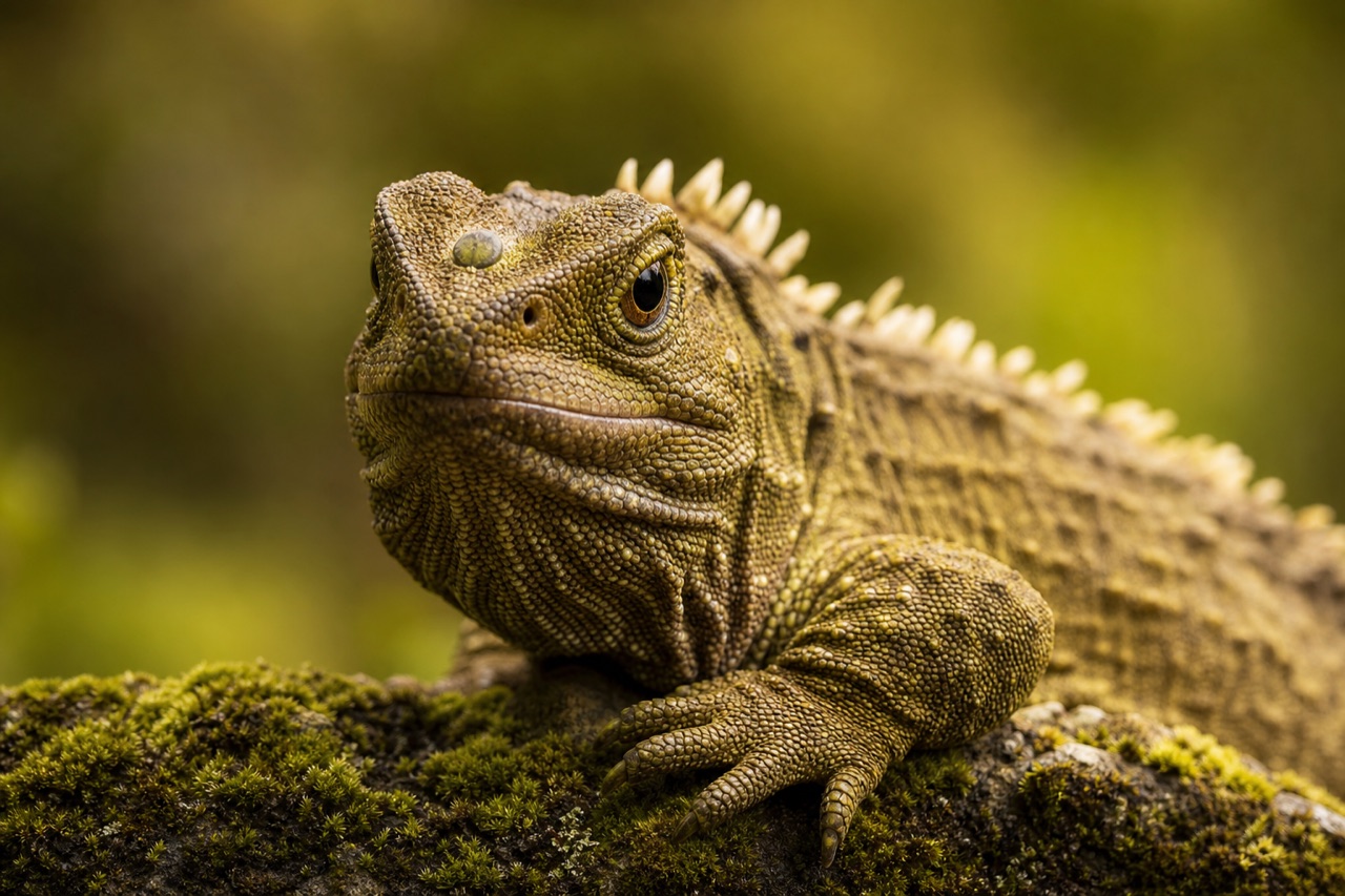 Tuatara with spiny crest resting on mossy New Zealand rock